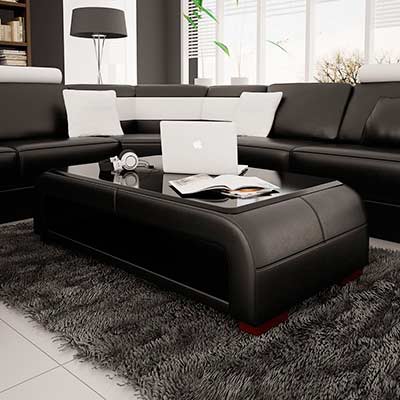 Modern Black Bonded Leather Coffee Table with Glass Top