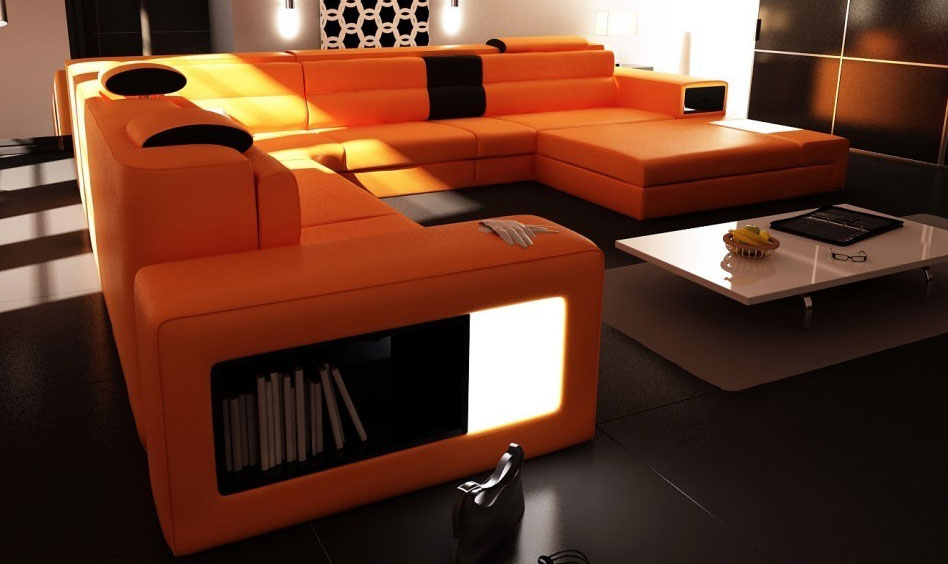 polaris orange leather sectional sofa