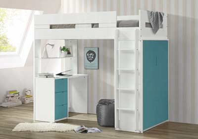 Loft Bed with Desk and Wardrobe in Blue Nerice ACME