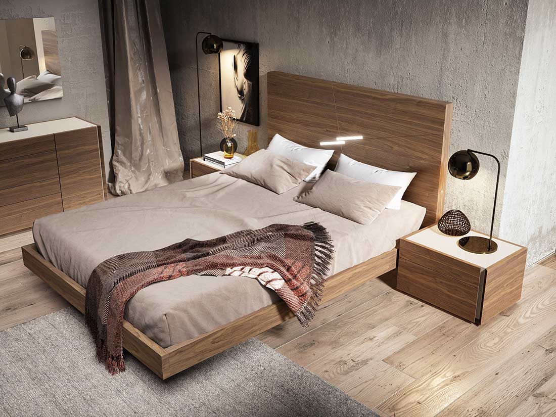 gray and walnut bedroom furniture